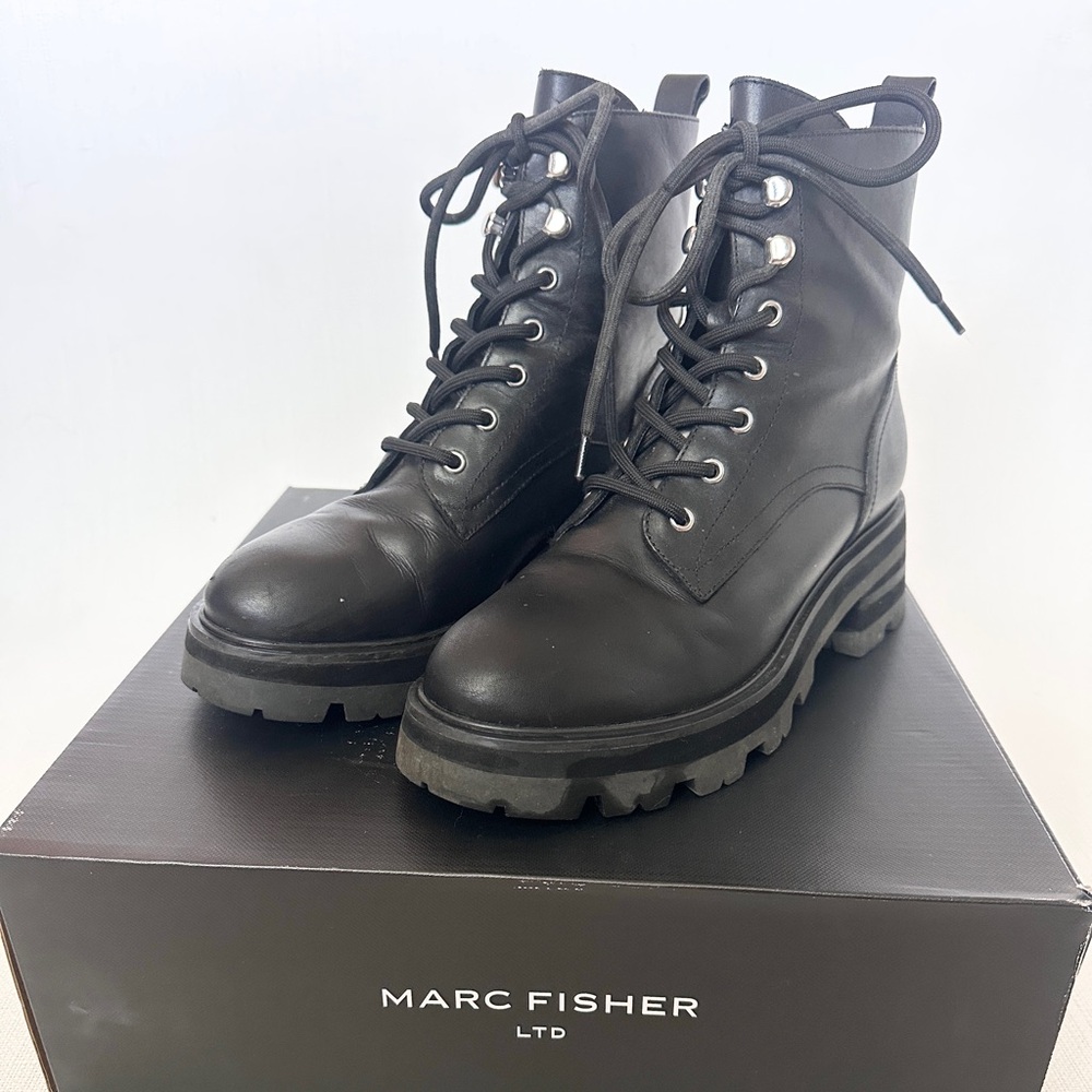 Marc Fisher Black Leather Lug-Soled Lace-Up Boots